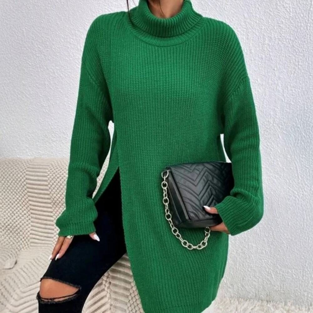 Green Oversized Turtleneck Slit Sweater Sz Medium